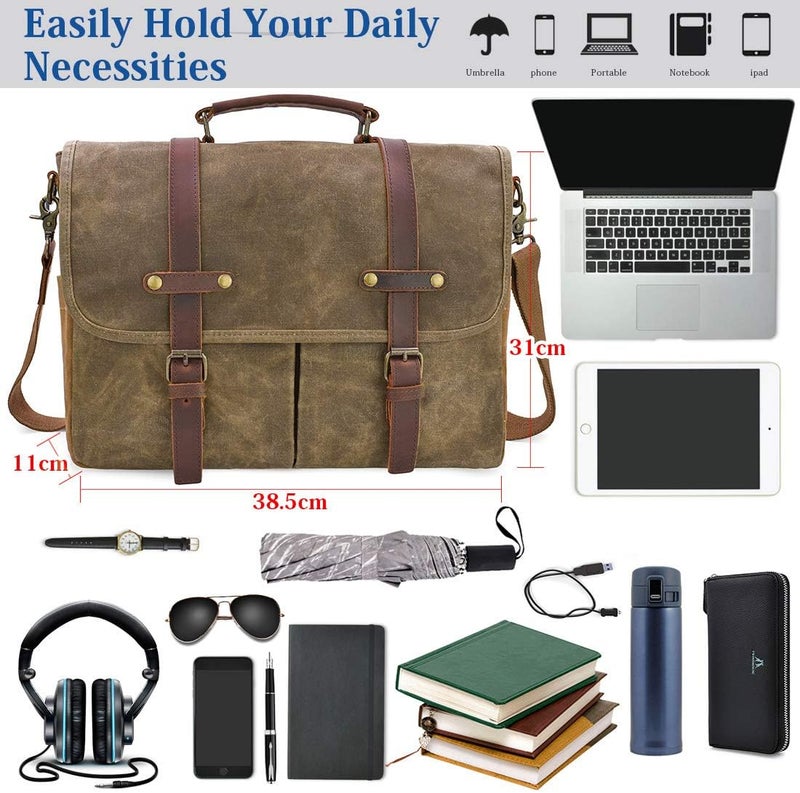 NEWHEY Mens Messenger Bag 15.6 Inch Waterproof Vintage Genuine Leather Waxed Canvas Briefcase Large Satchel Shoulder Bag Rugged Leather Computer Laptop Bag, Khaki - Image 2